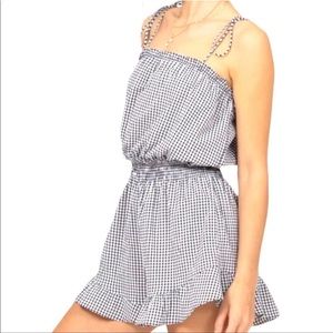 Zara size XS blue white gingham babydoll romper with smocking and tie straps